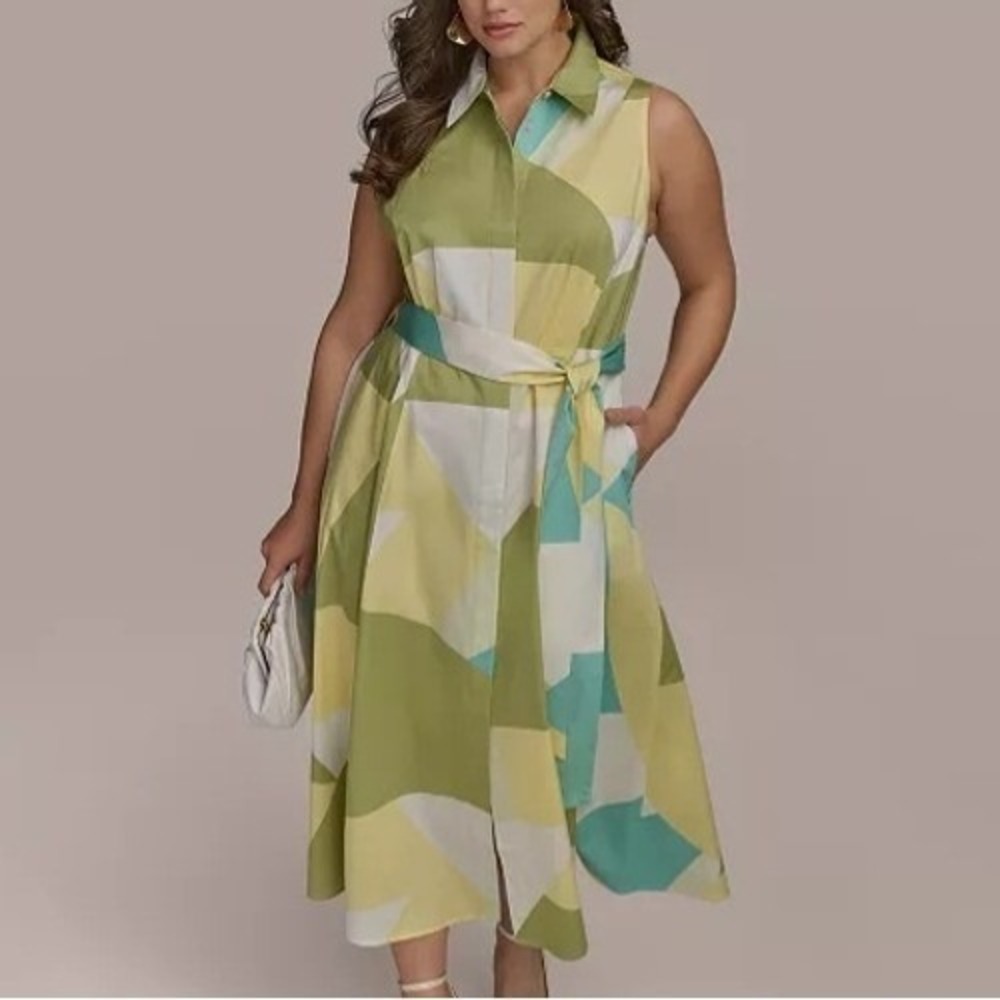 Donna Karan New York Printed Tie Waist Sleeveless Shirtdress Womens Size 20W NWT